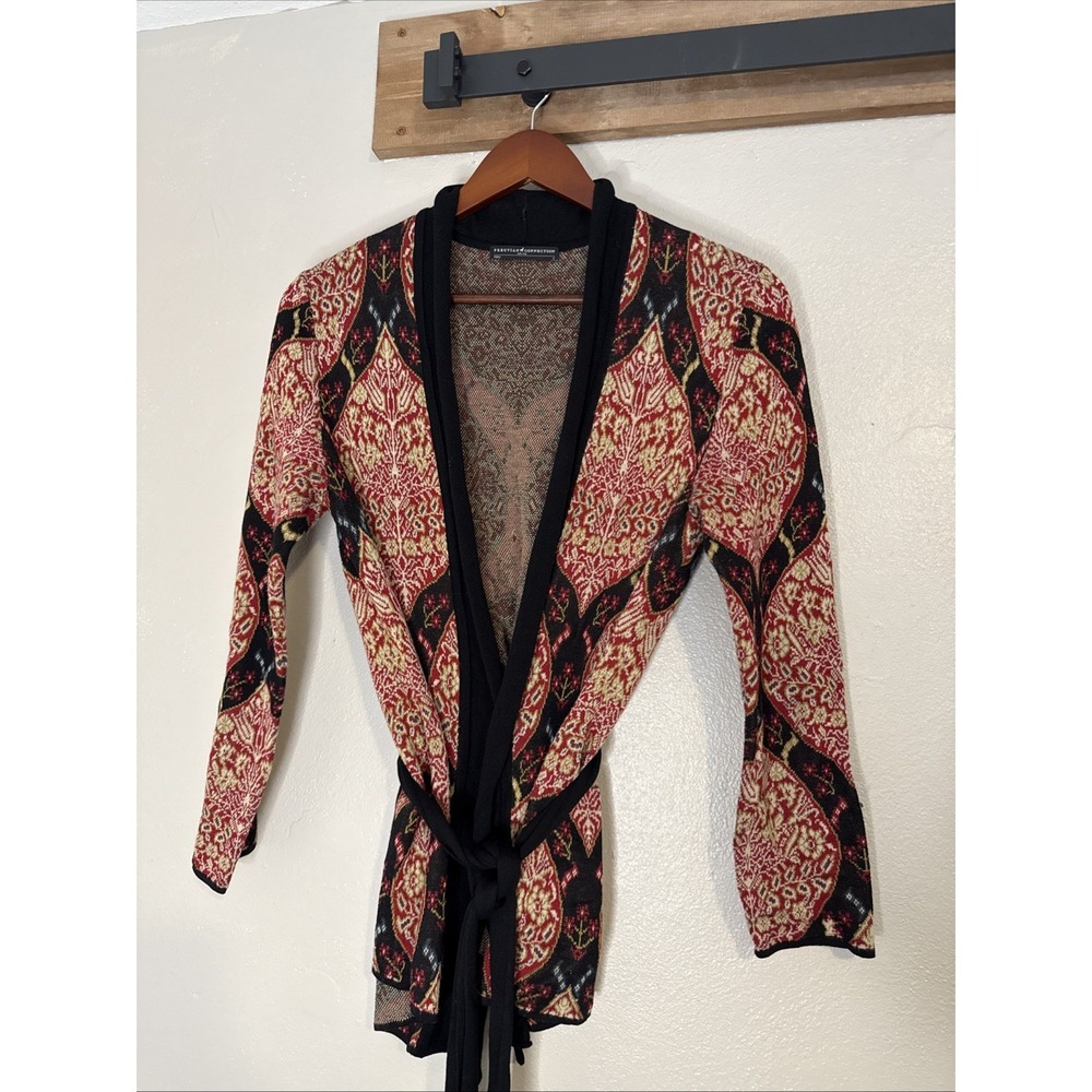 Peruvian‎ Connection Ottoman Smoking Jacket Knit Cardigan Tie Waist Red Sz Small